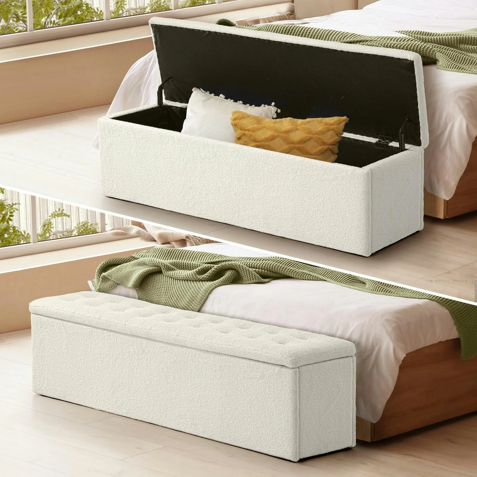 Oikiture Storage Ottoman Blanket Box Foot Stool XL Chest Toy Sherpa Linen White