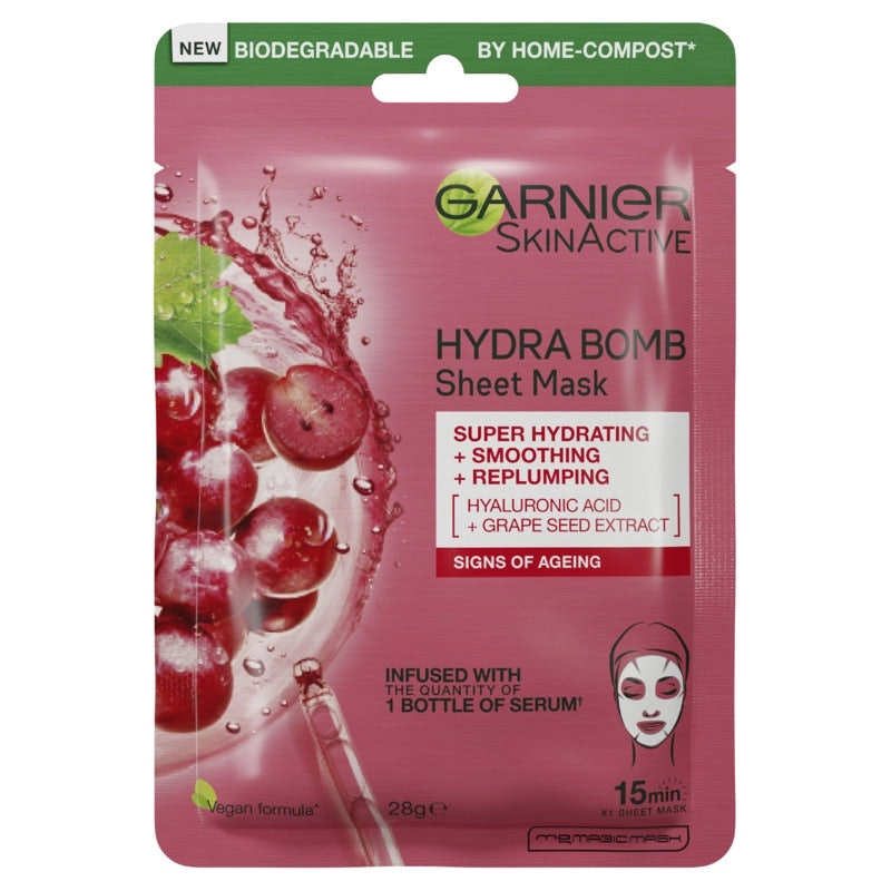 Garnier Hydra Bomb Hyaluronic Acid + Grape Seed Anti Ageing Sheet Mask 28g