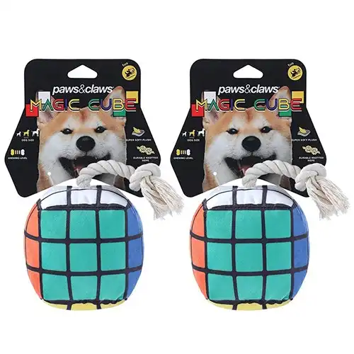 2x Pawsnclaws 11cm Magic Cube Soft Plush Pet Dog Squeaker Chew Toy w/ Rope Small