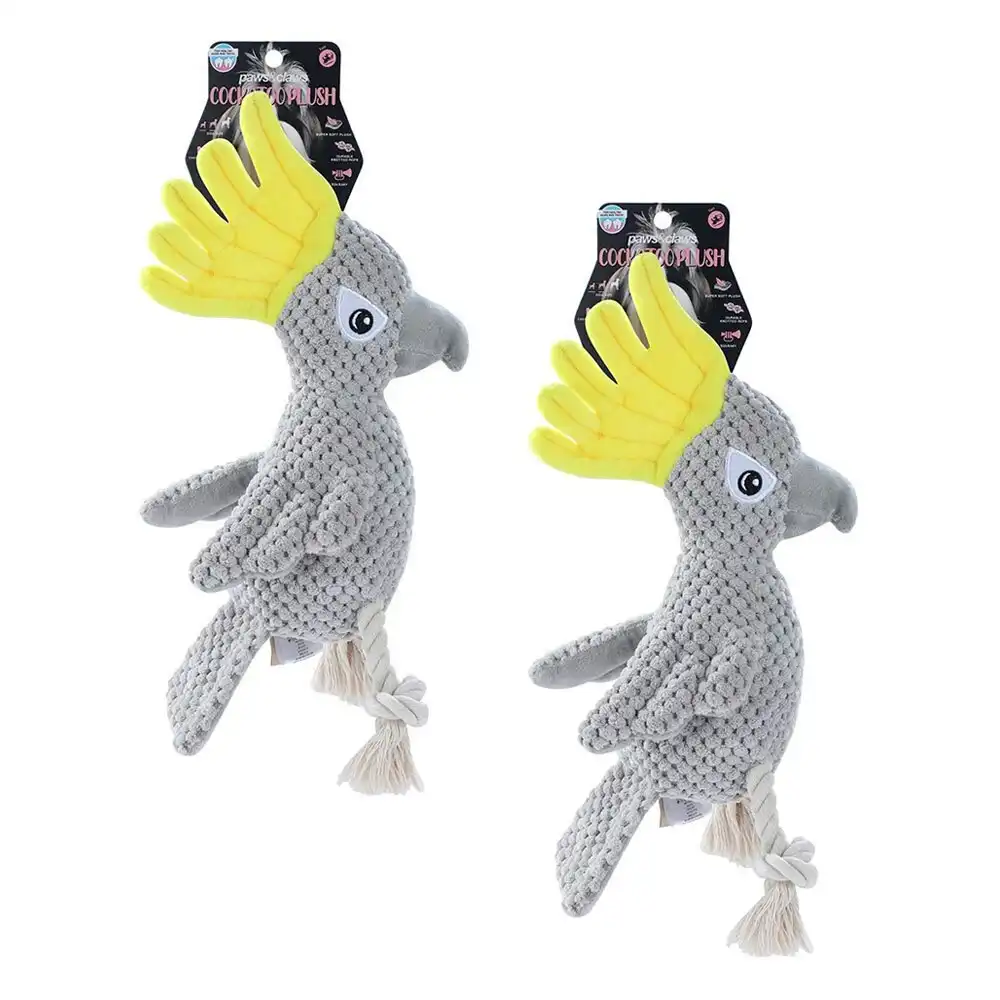 2x Paws & Claws 30cm Cockatoo Soft Plush Dog Chew Bite Toy w/ Rope/Squeaker Grey