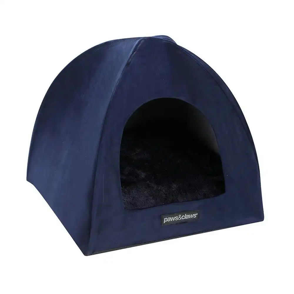 Paws N Claws Lux Velvet Foldable Pet Cat Cave 38x35cm Soft Plush Cushion Navy