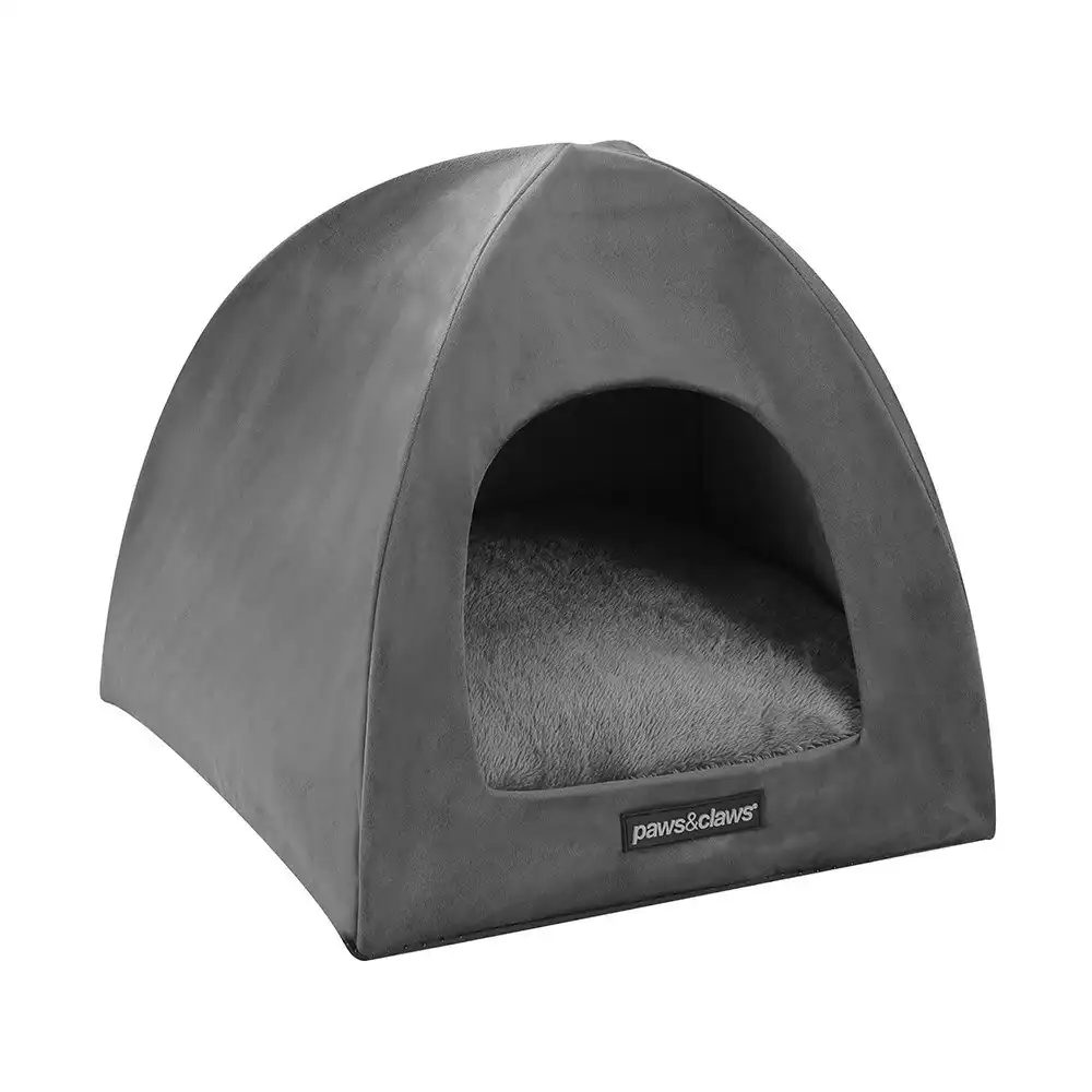 Paws N Claws Lux Velvet Foldable Pet Cat Cave 38x35cm Plush Cushion Dark Grey