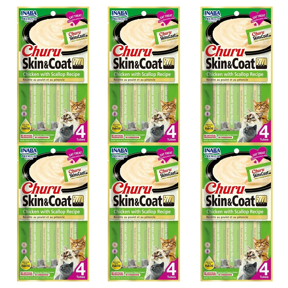 6PK INABA Churu Skin & Coat Chicken w/ Scallop Recipe Cat Pet Food/Treat Pack