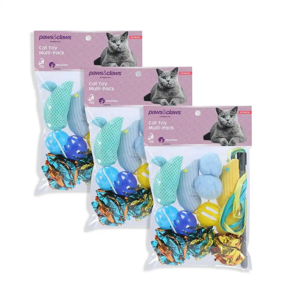 3x 13pc Paws& Claws Essential 12.5cm Multi-Pack Cat Interactive Play Animal Toy