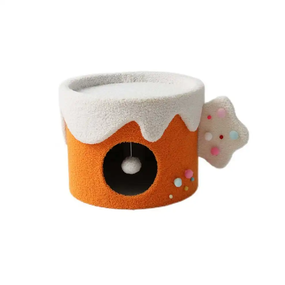 Catio Cake Cup Pet/Cat House Cave Bed Sleeping Nest w/ Plush Play Ball Orange
