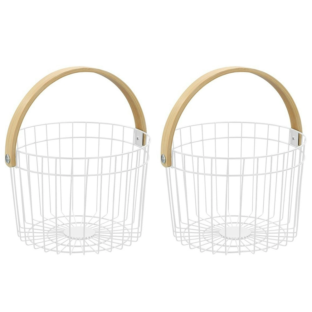 2x Boxsweden Round Wire 27x25cm Basket Home Storage Bin w/ Bamboo Handle White