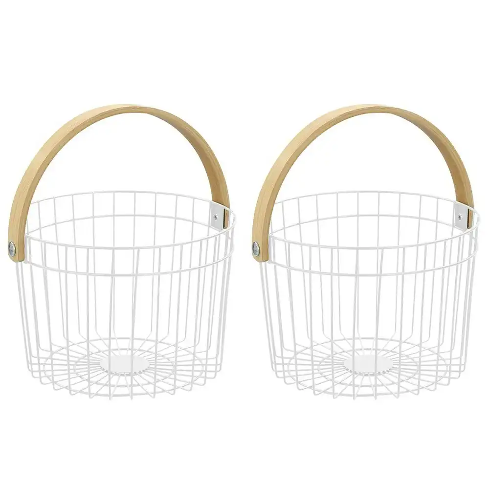2x Boxsweden Round Wire 27x25cm Basket Home Storage Bin w/ Bamboo Handle White