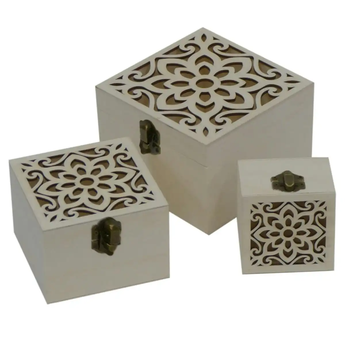 3pc Boyle Craft Square Wooden Storage Box Laser Cut Flower w/Catch Organiser Set