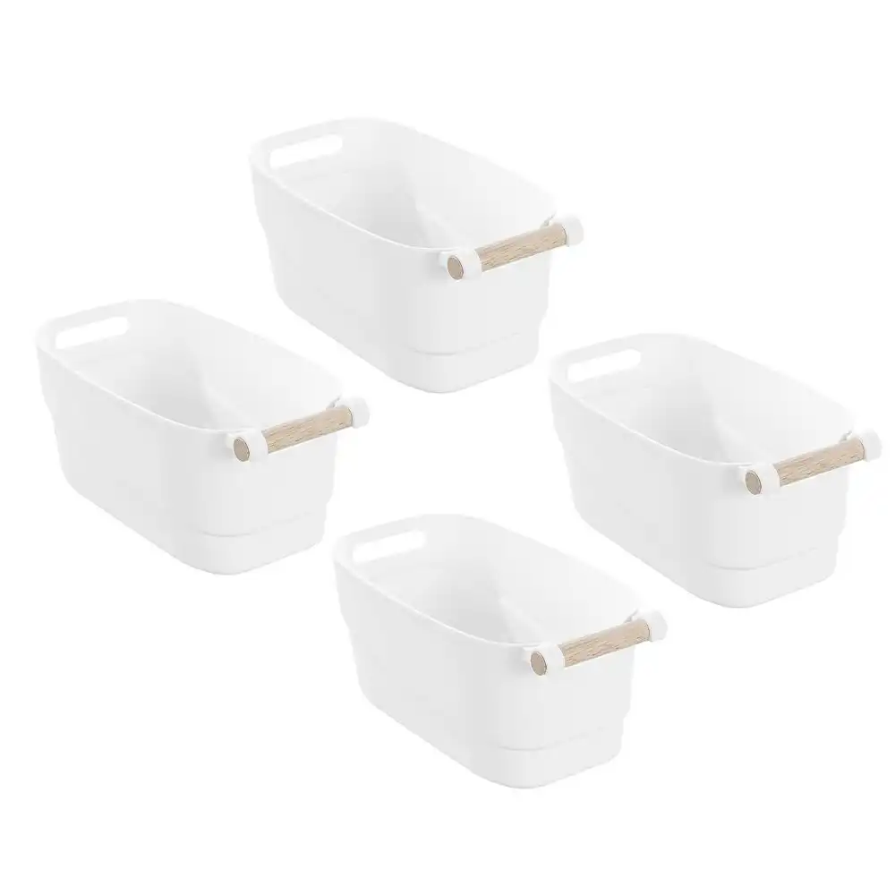 4x Boxsweden Sortea 3L/27cm White Basket w/ Wood Handle Cabinet/Pantry Organiser