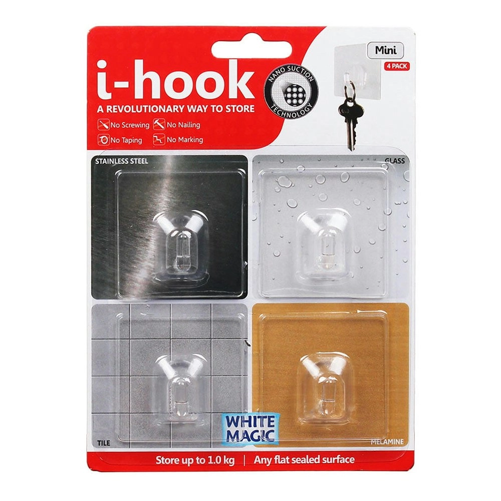 4pc White Magic i-Hook Mini 47cm Multi-Surface Hook Wall Mounted Storage Clear