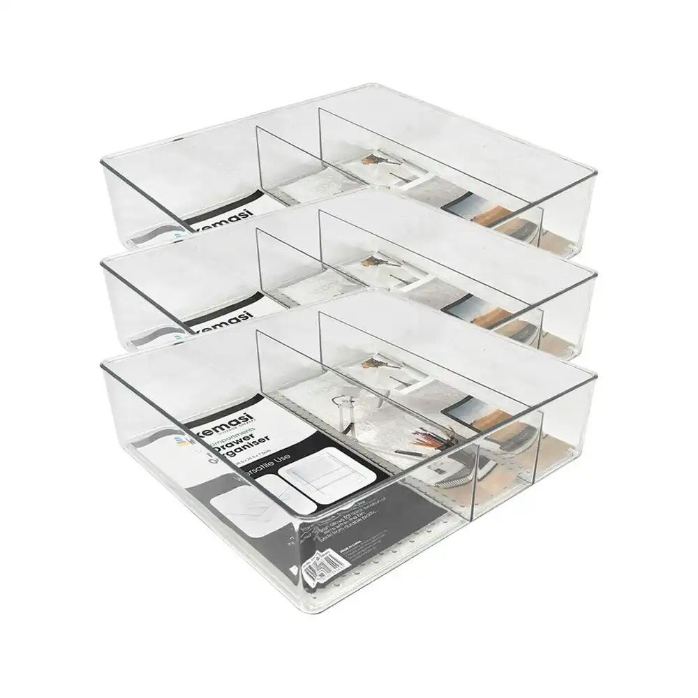 3x Kemasi Clear Home Drawer Space Saver Storage Organisers 3 Compartments