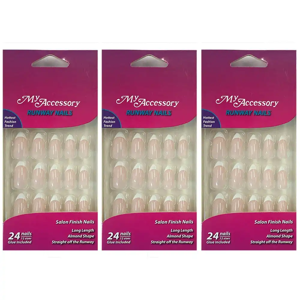 72pc My Accessory Runway French Fake Artificial Glue On Nails Almond Manicure