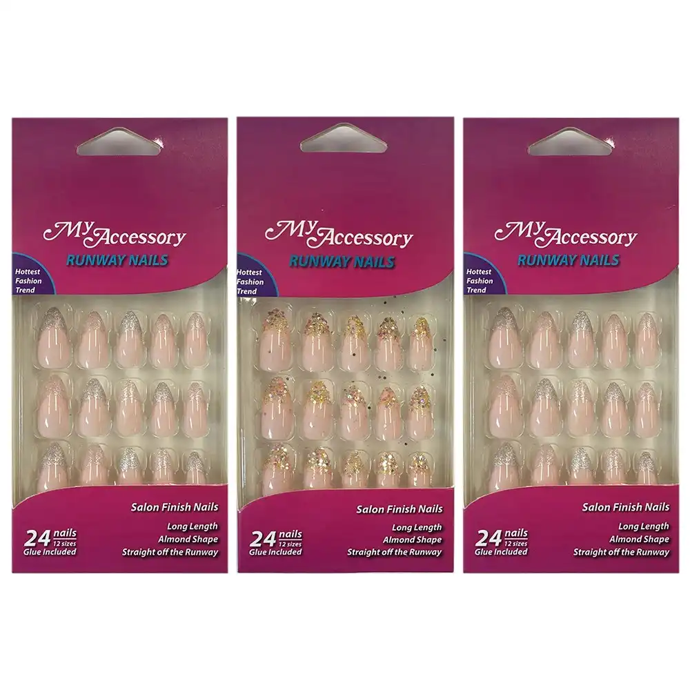 72pc My Accessory Runway Glitter Tips Almond Artificial Fake Glue On Nails Asst