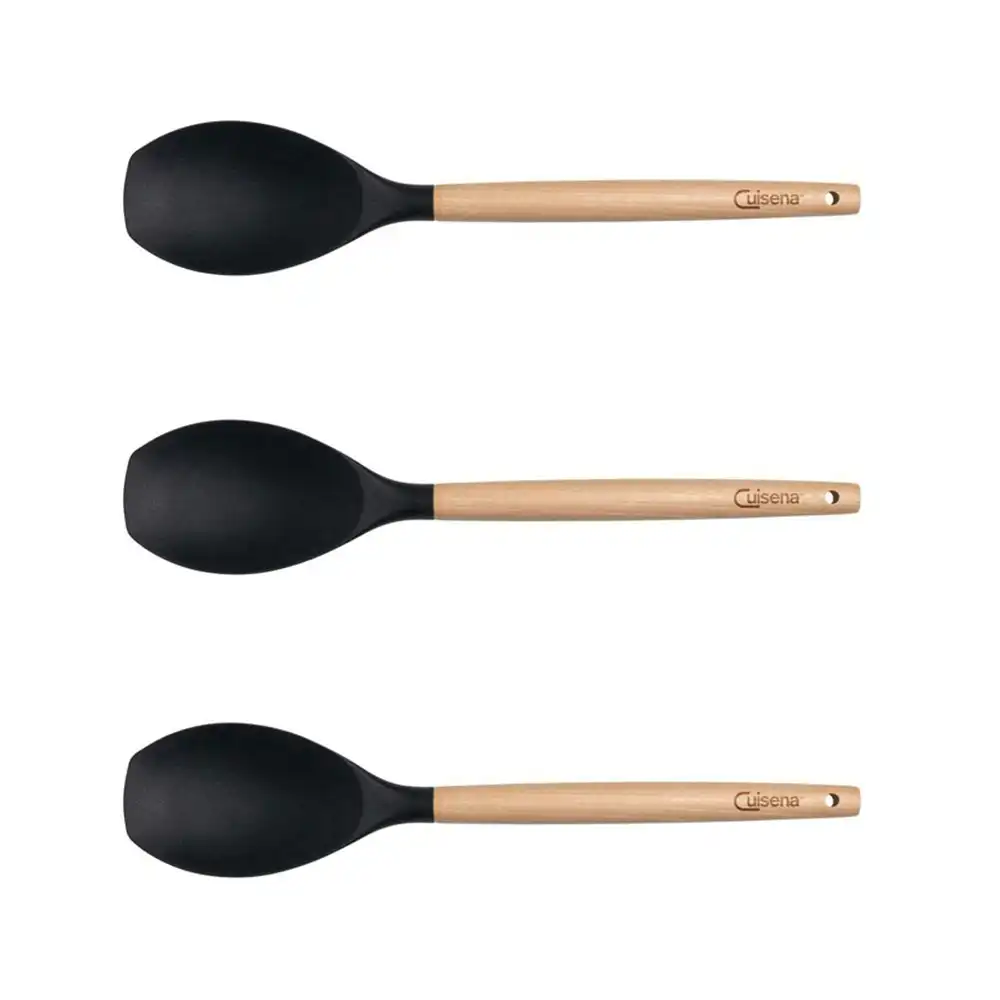 3x Cuisena Beech Wood 32.5cm Silicone Solid Spoonula Kitchen Cooking Utensil BLK