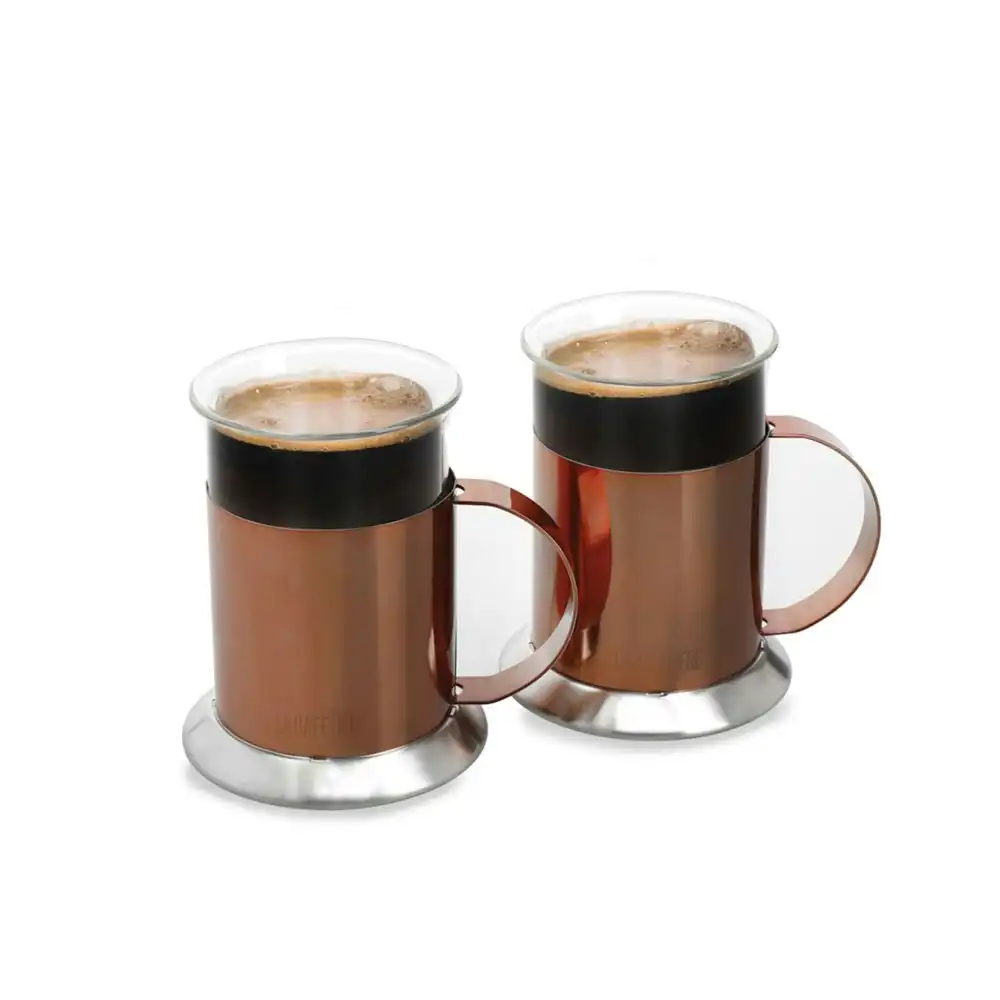 2pc La Cafetiere 300ml Stainless Steel Glass Coffee Mug Drink Cup Set Copper