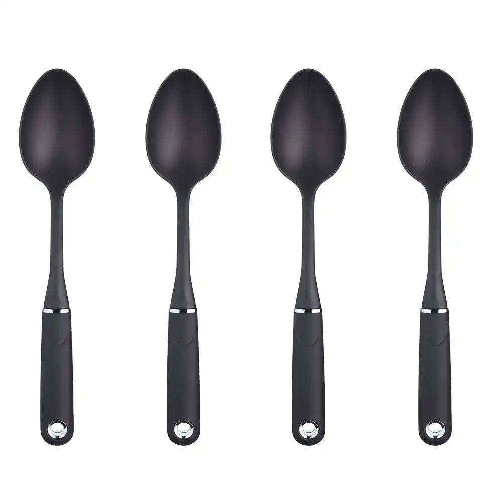 4x MasterCraft Soft Grip 34.5cm Nylon Solid Cooking Spoon Kitchen Utensil Black