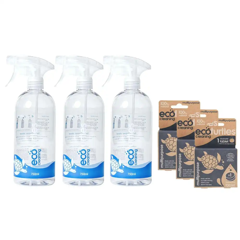3x Eco-Cleaning Turtles Multipurpose Cleaning Spray Reusable Bottle & Tablet Set