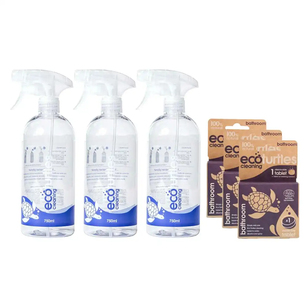 3x Eco-Cleaning Turtles Bathroom Cleaning Spray Reusable Bottle & Tablet Set