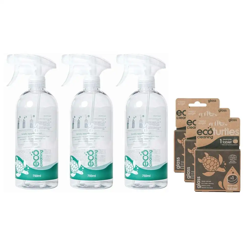 3x Eco-Cleaning Turtles Glass Cleaner Cleaning Spray Reusable Bottle & Tablet