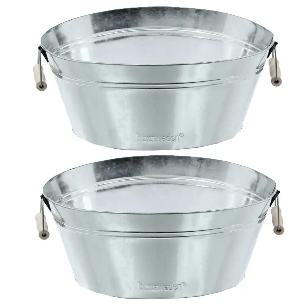 2x Boxsweden 12L Metal Oval Bucket 40cm w/Wood Handles Water Storage Galvanised