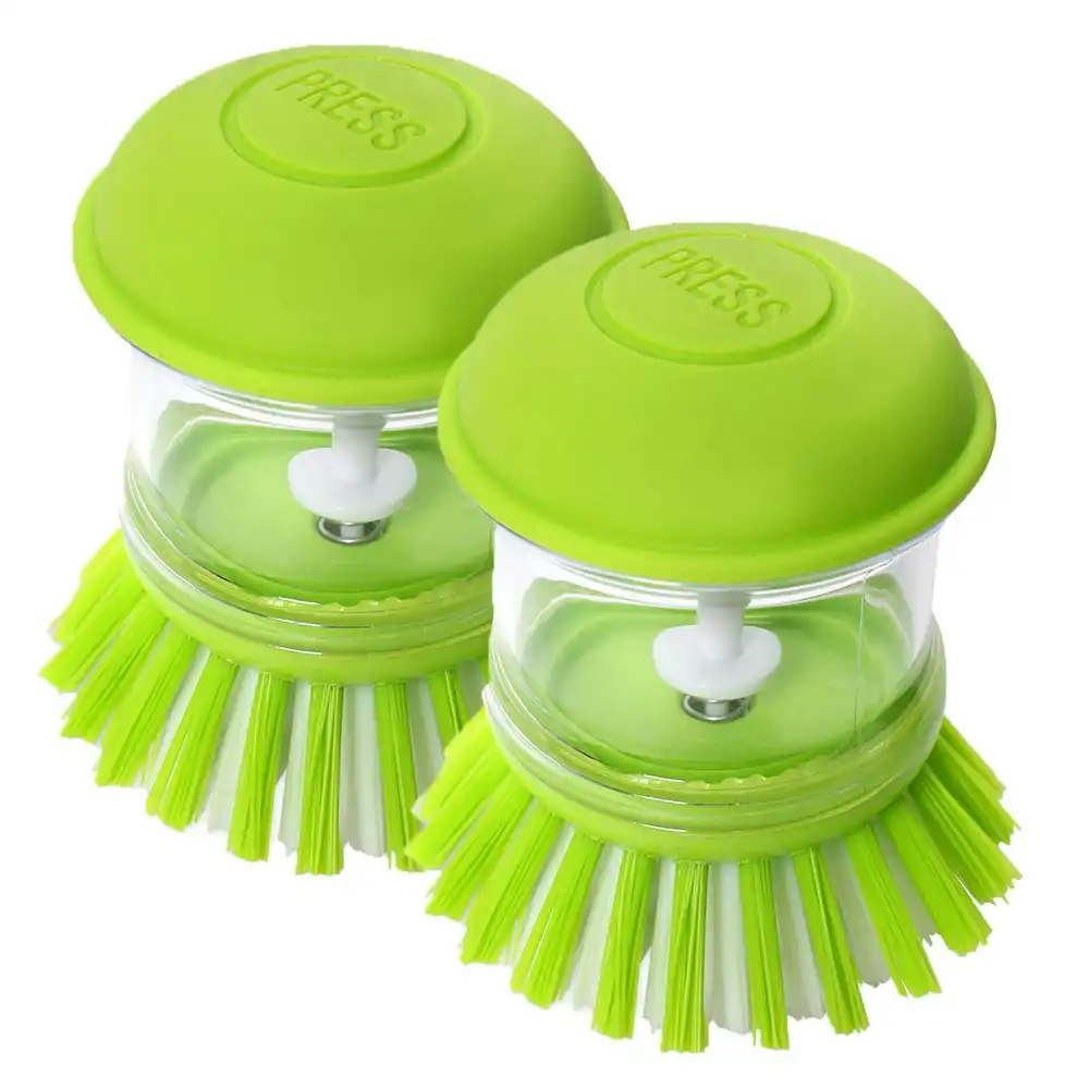 2x Sabco Soap Dispensing 14cm Dish Cleaning Palm Brush w/ Nylon Bristles Green
