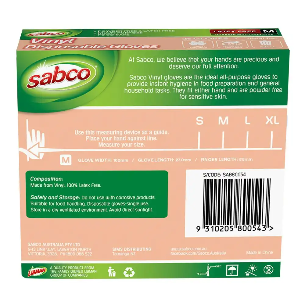 75pc Sabco Multi-Purpose 23cm Disposable Vinyl Latex-Free Gloves Medium White