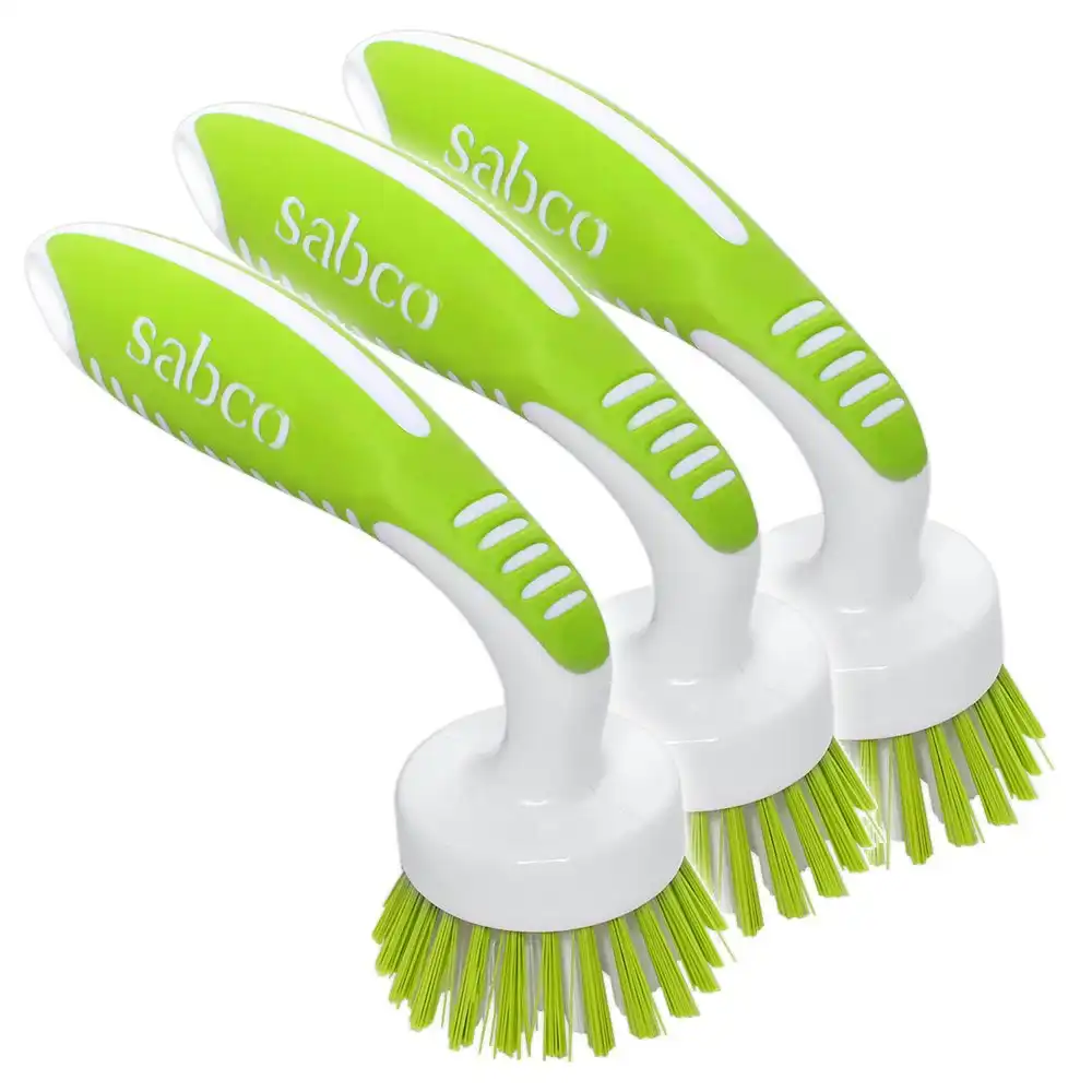3x Sabco Curved Head Kitchen Brush Dirt/Grime Cleaning/Scrubbing Durable GRN/WHT