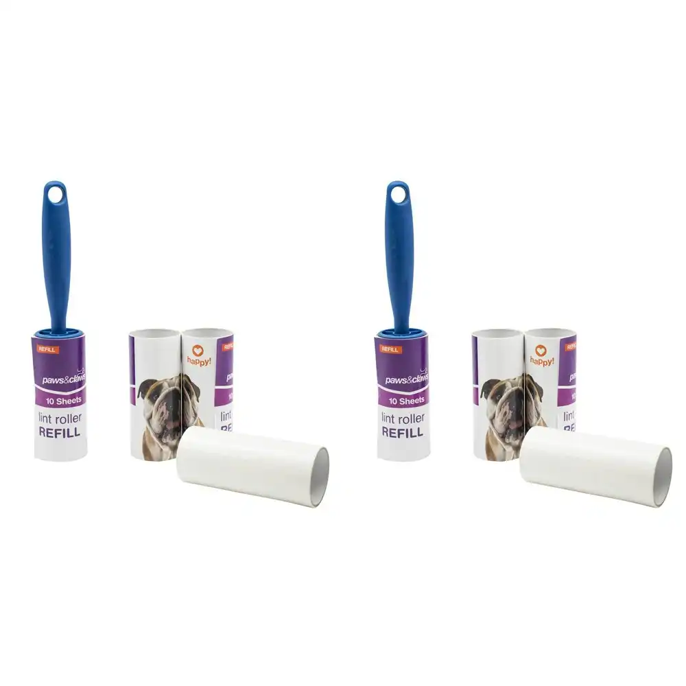 2x Paws & Claws 10 Sheet Lint Roller Pet Fur/Hair Remover Cleaning w/ 3 Refills
