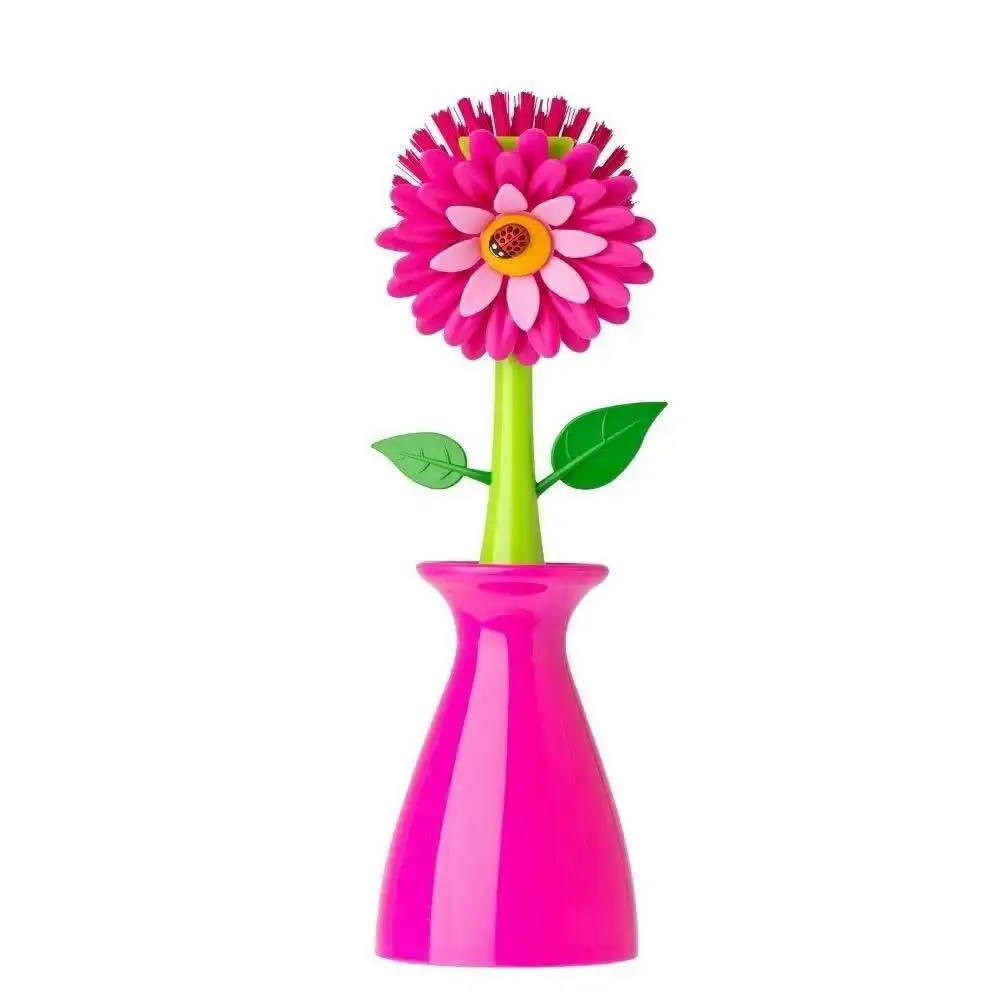 Vigar Flower Power Dish Brush Kitchen Plate/Bowl Cleaner Scrubber w/ Vase Pink