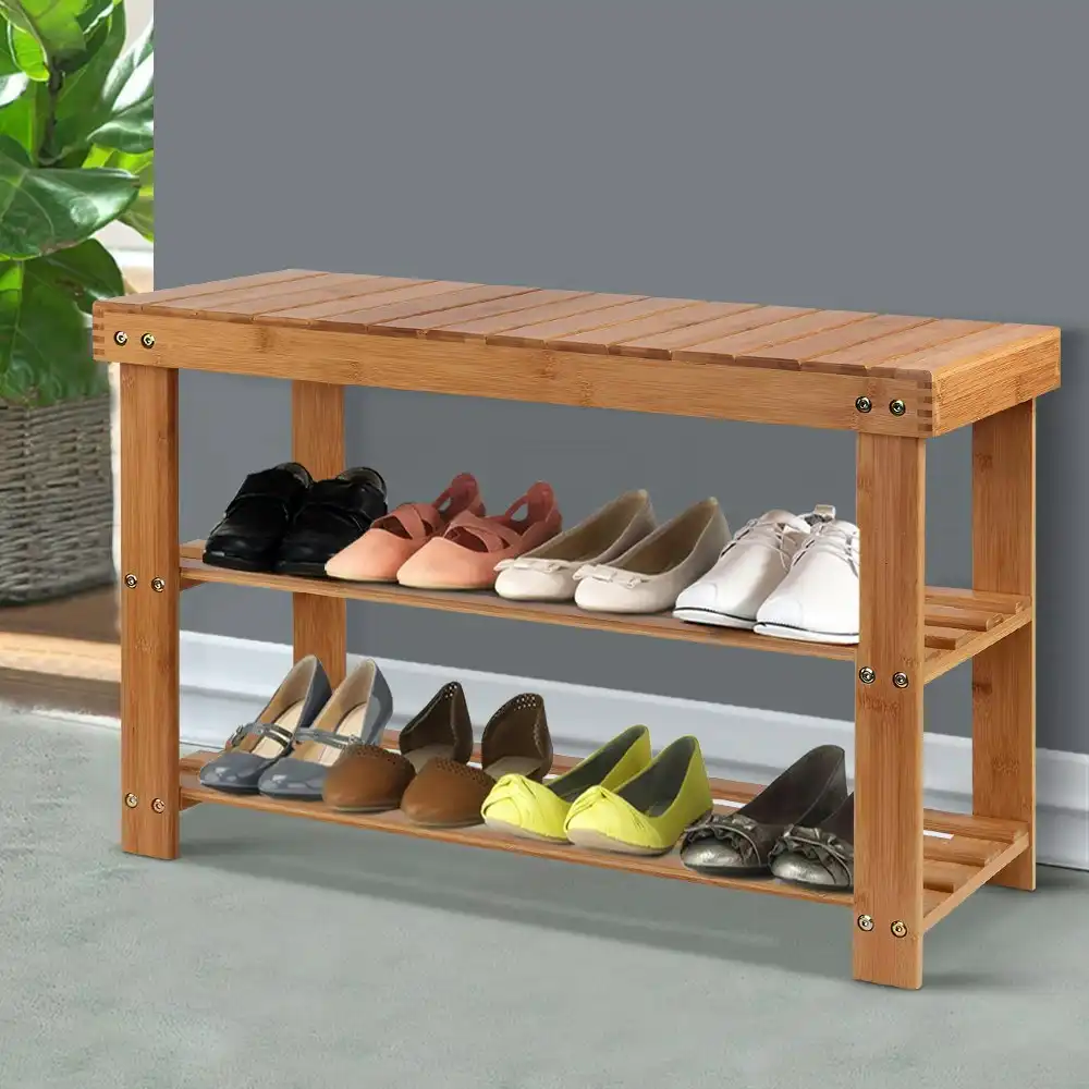 Artiss Shoe Rack Cabinet Bamboo Bench Wooden Storage Shelf Stand Organiser Stool