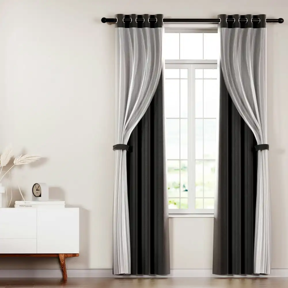 Artiss 2X 132x213cm Blockout Sheer Curtains Black