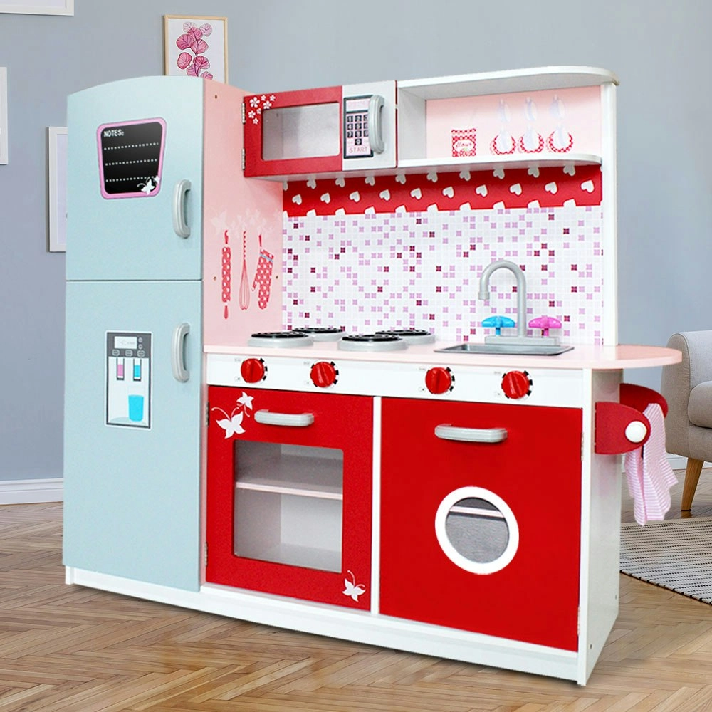 Keezi Kids Kitchen Play Set Wooden Pretend Toys Cooking Children Fridge Oven Red