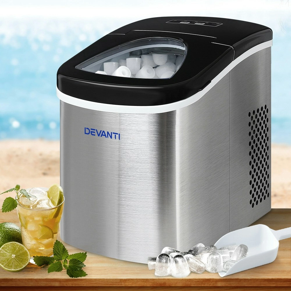 Devanti Ice Maker Machine Commercial Portable Ice Cube Tray Stainless Steel 2.4L