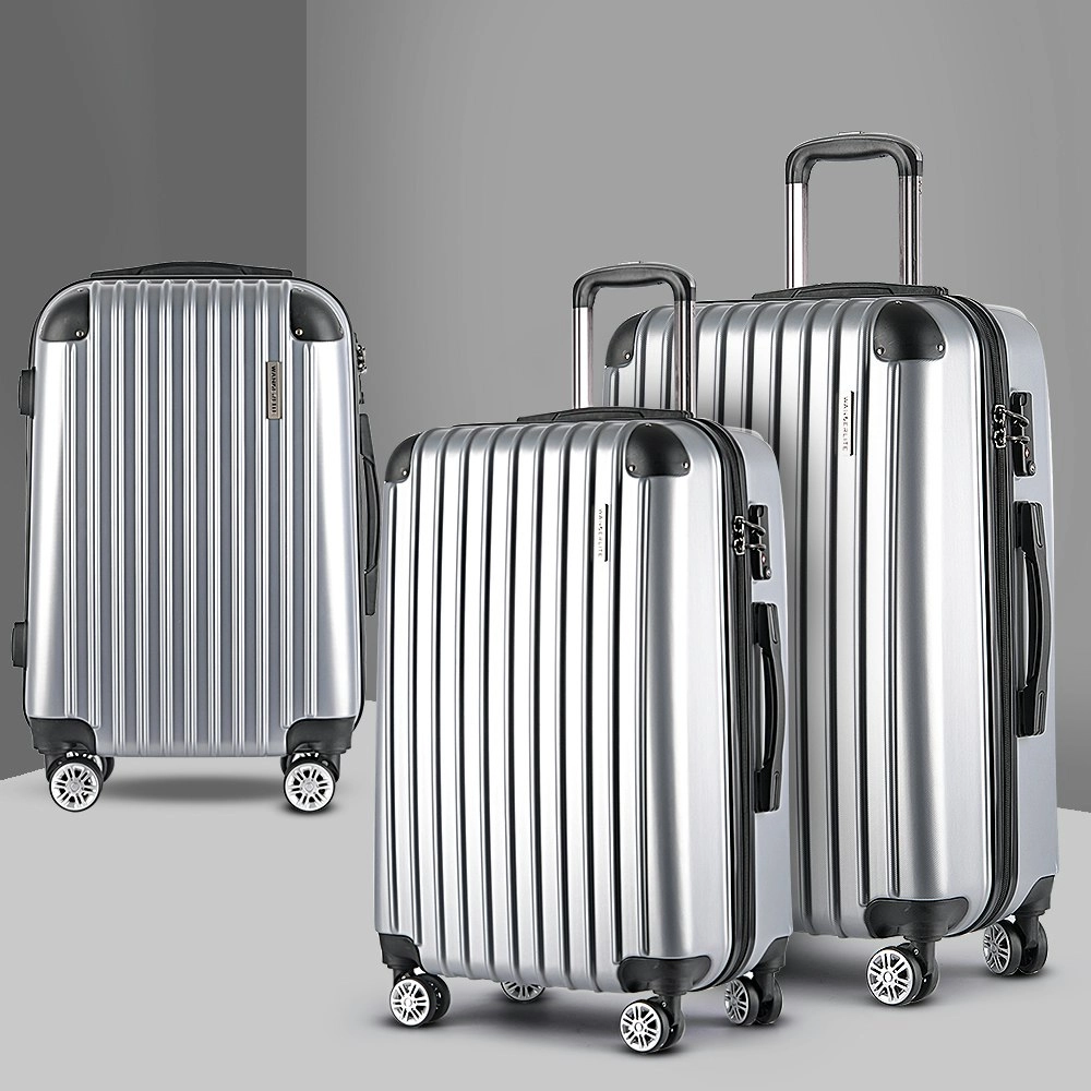 Wanderlite 3pc Luggage Trolley Travel Set Suitcase Carry On TSA Lock Hard Case Lightweight Silver