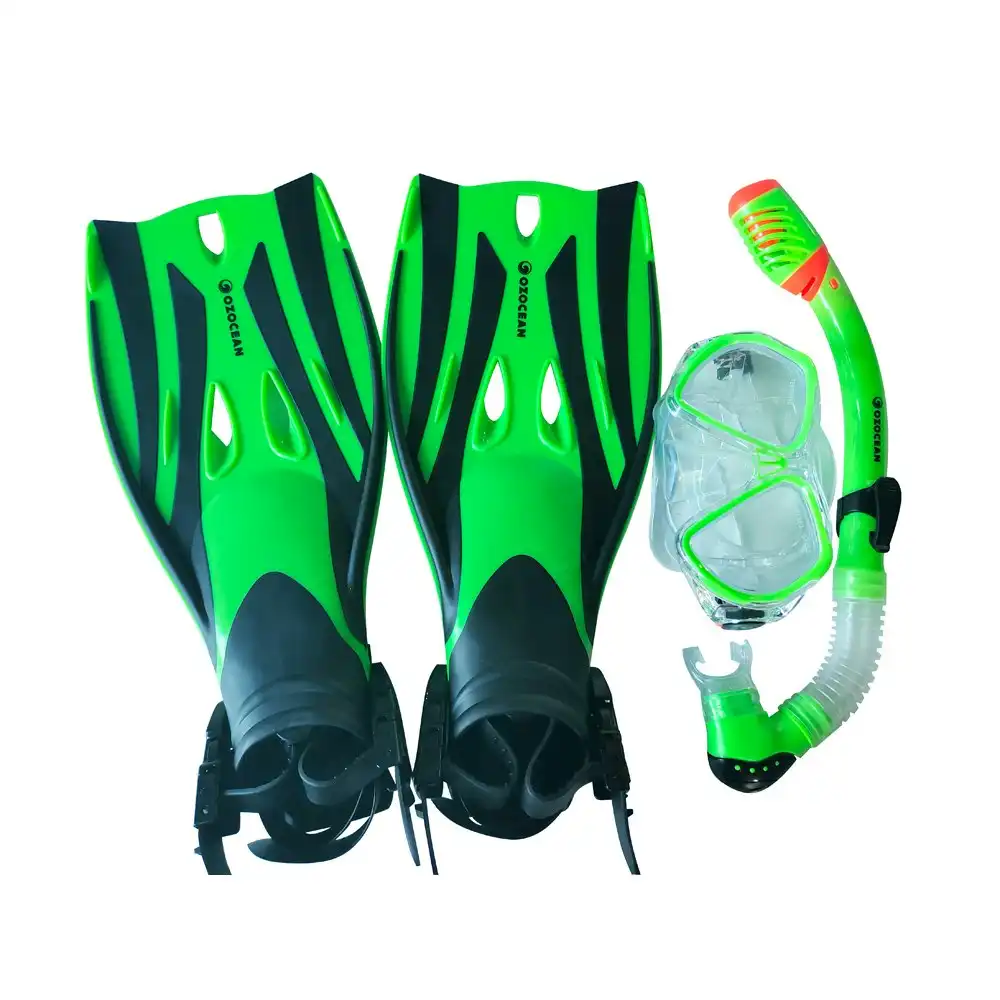 4pc Oz Ocean Tangal Ooma Kids Mask Swimming Beach Snorkel & Fin Set L-XL Green