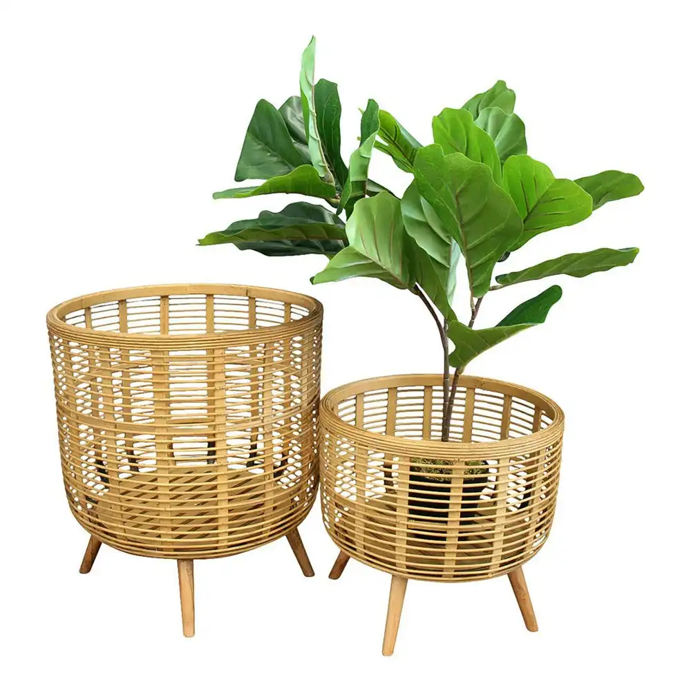 2pc Planter 31/44cm Bamboo/Metal Home Decorative Plant Stand Holder Set Natural