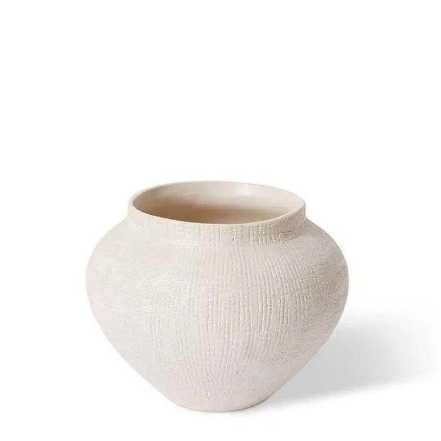 E Style Theo 18cm Ceramic Plant Pot Decorative Planter Round Hessian White