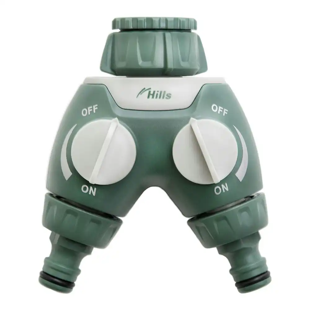 Hills Two Way Hose Tap Adaptor Outlet Connection Fitting Manifold Green/Grey