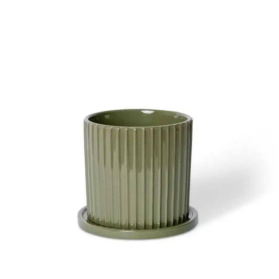 E Style Quinn 18cm Ceramic Plant Pot w/Saucer Round Home Decor Planter Green