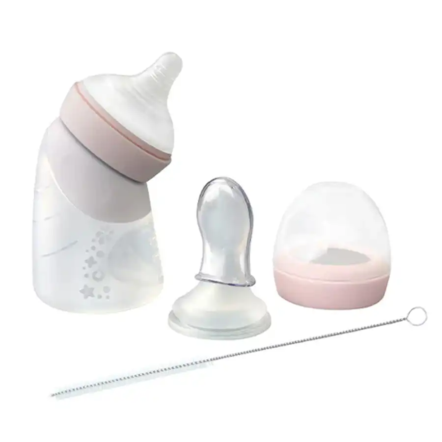 Marcus & Marcus Toddler/Children Silicone Angled Feeding Bottle & Spoon Pink 6M+