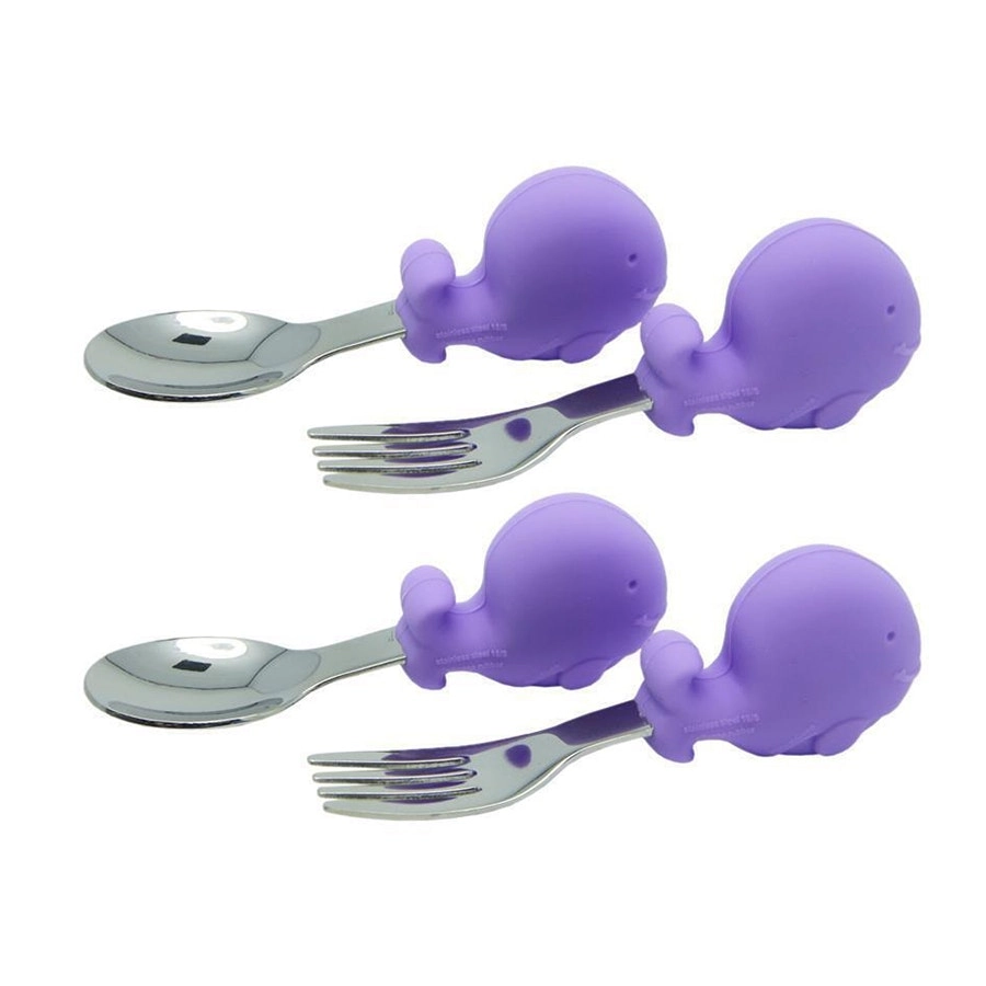 2x 2pc Marcus & Marcus Willo Whale Palm Grasp Cutlery Spoon/Fork Baby 18m+ Lilac