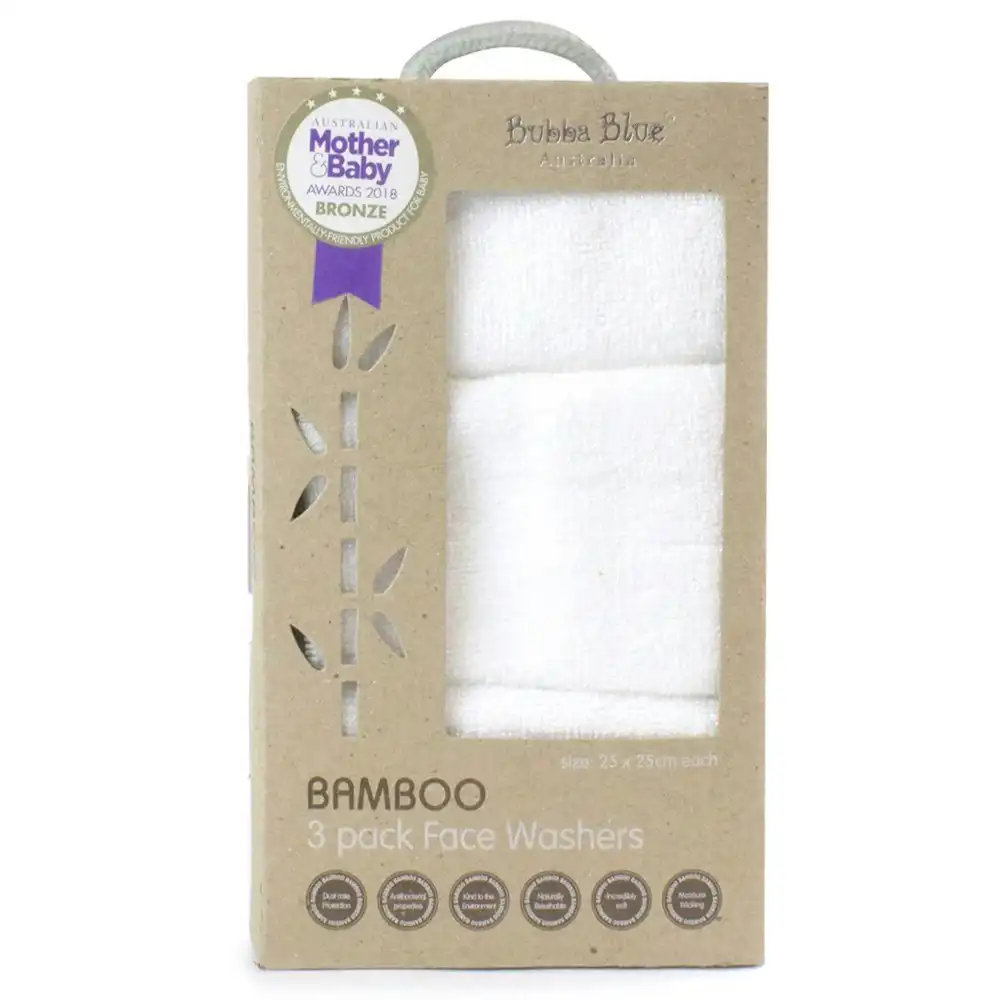 3pc Bubba Blue 25cm Square Bamboo Face Washer Set Soft Baby Towel Cloth White