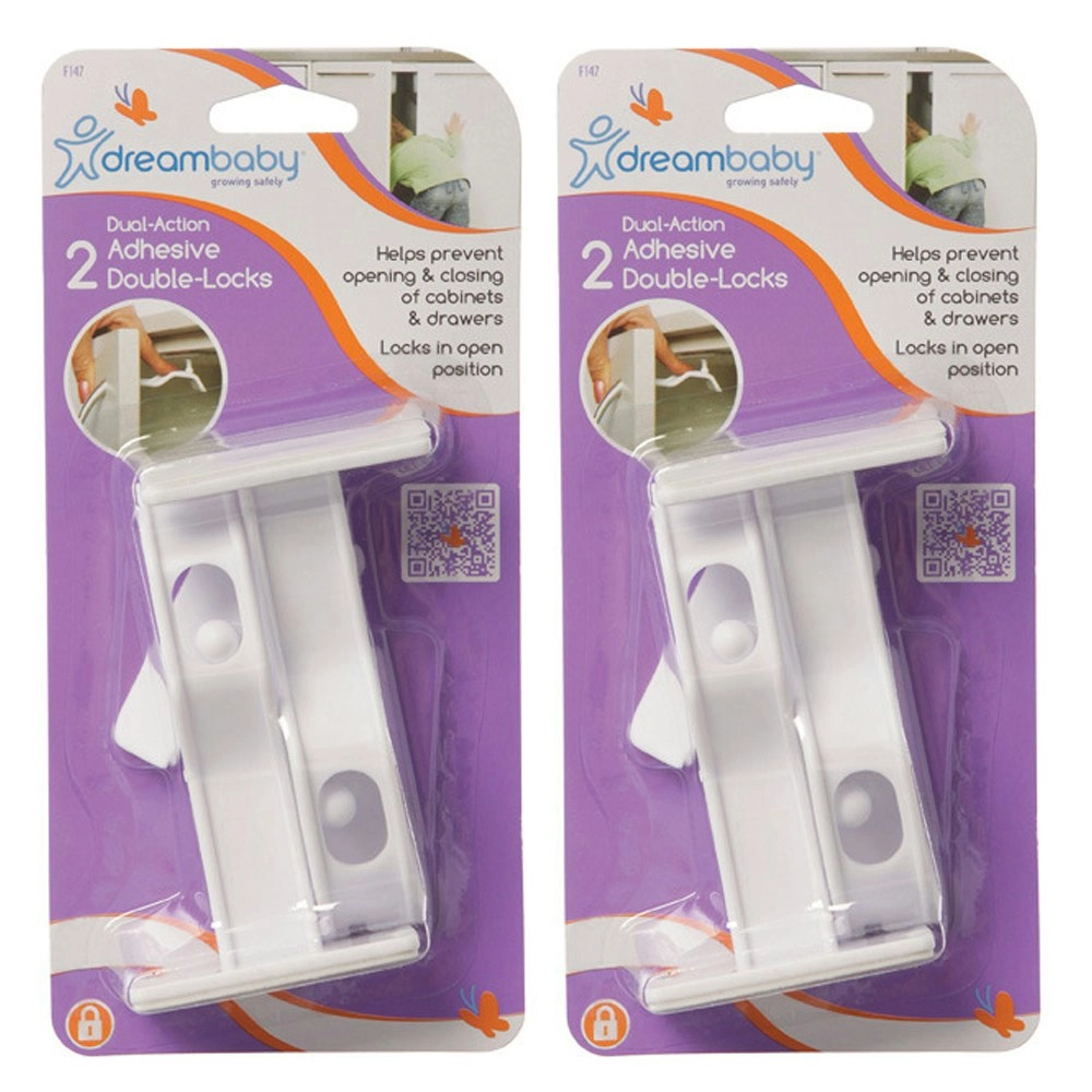 4x dreambaby 10cm Dual-Action Adhesive Double Lock For Drawers/Cupboards White