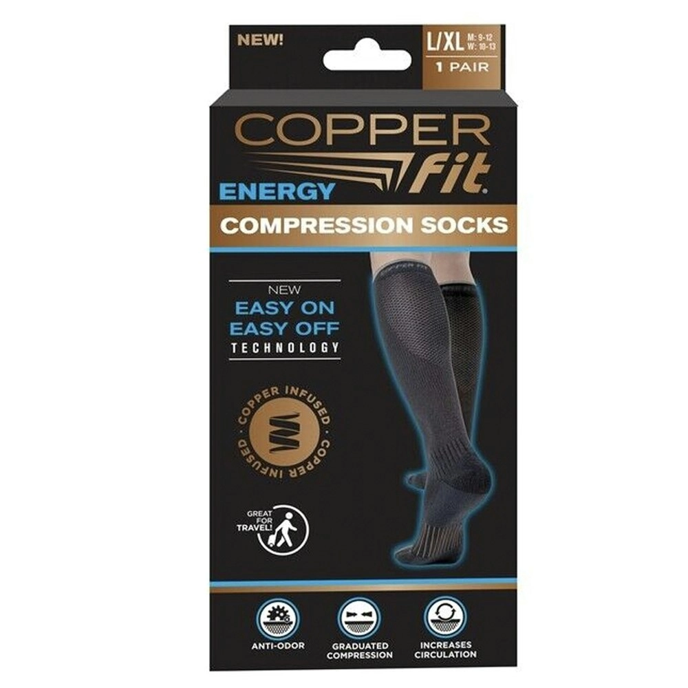 Copper Fit Easy On/Off Energy Travel Compression Socks L/XL Unisex Nylon Black