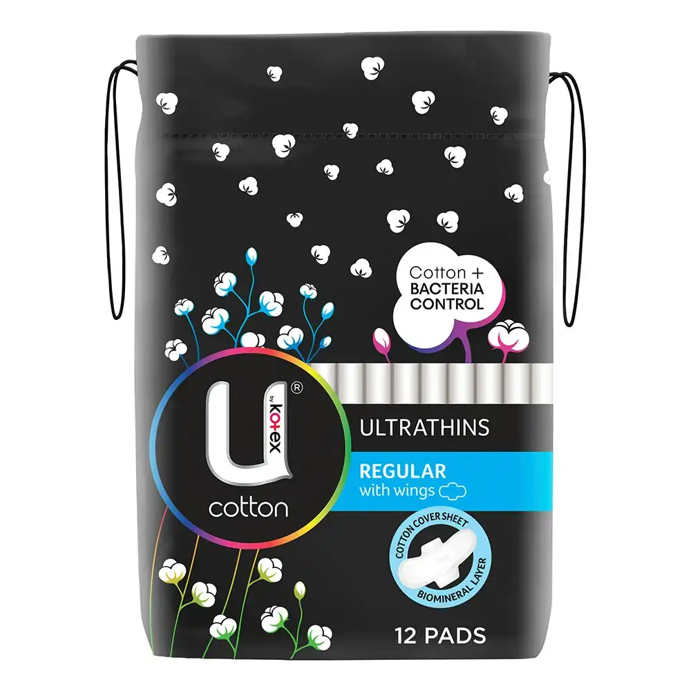 12pc U by Kotex Cotton Bacteria Control Period Pads Ultrathin Regular With Wings