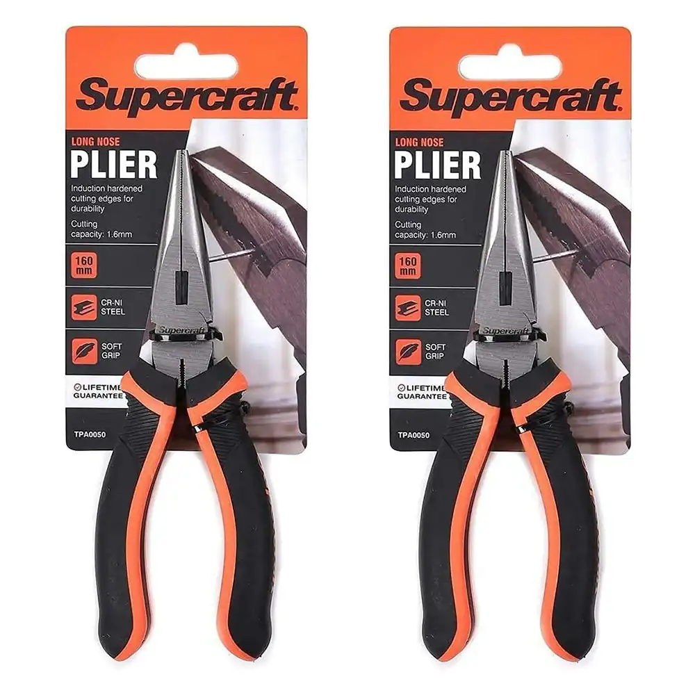 2x Supercraft Long Nose Pliers With Soft Grip Handles 160mm Long Cr-Ni Steel