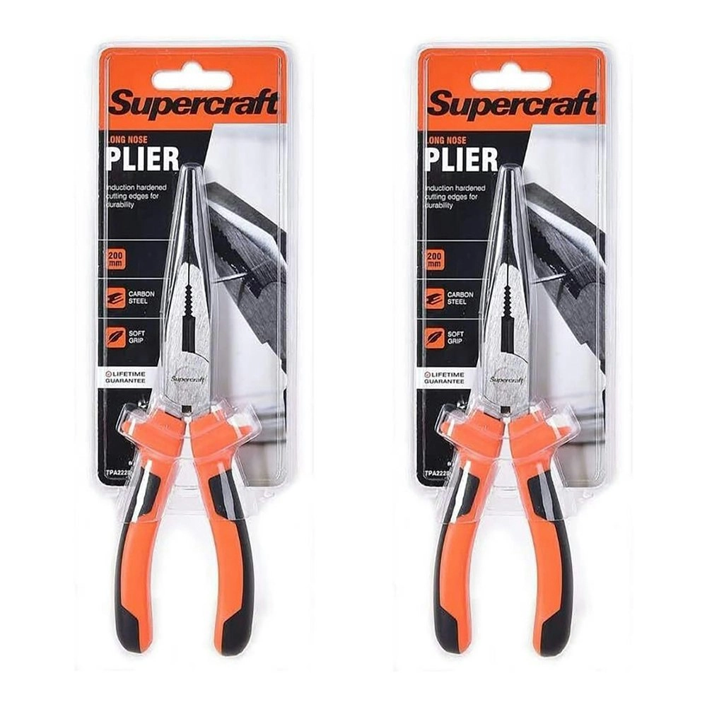 2x Supercraft Long Nose Pliers Carbon Steel 200mm Long With Soft Grip Handles