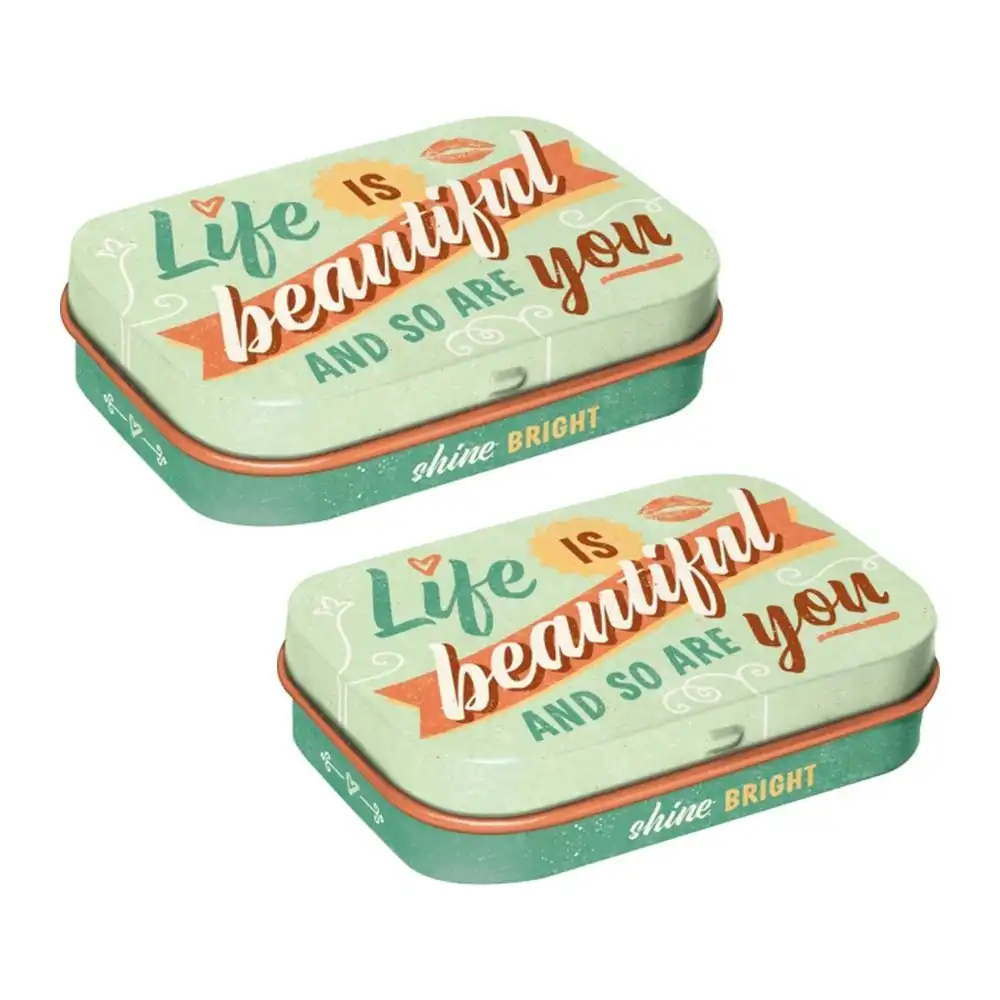 2x Nostalgic Art 4x6cm Metal Mint Box Tin Candy Life Is Beautiful and So Are You