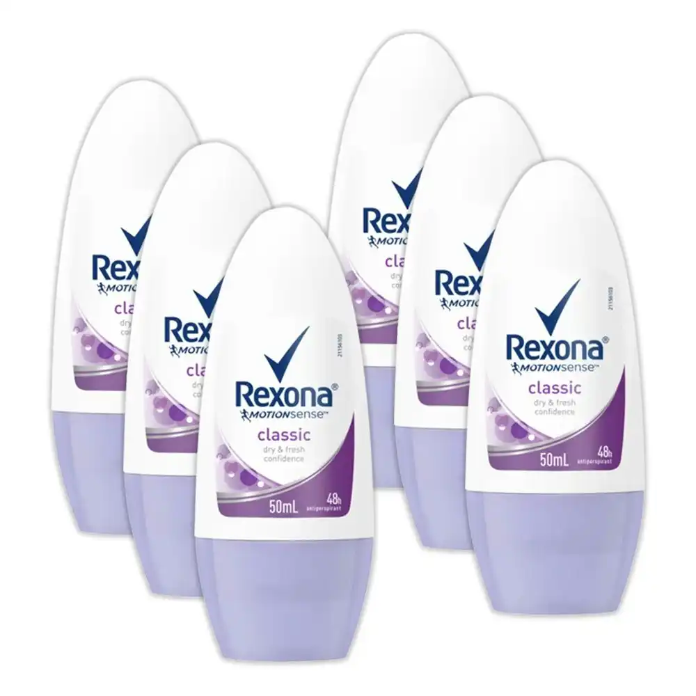 6x Rexona 50ml Roll On Antiperspirant Deodorant Invisible Dry & Fresh Classic