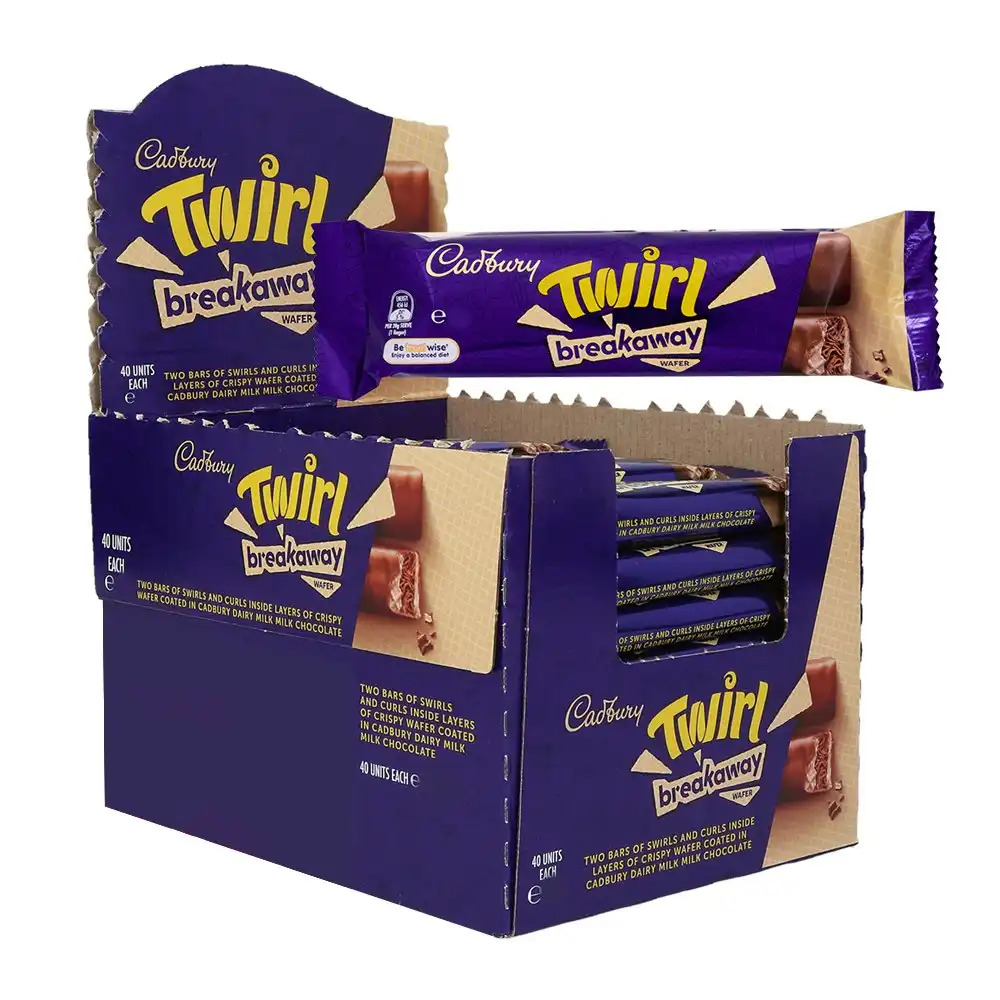 40pc 58g Cadbury Twirl Breakaway Wafer Chocolate Confectionery Snack Bars Box